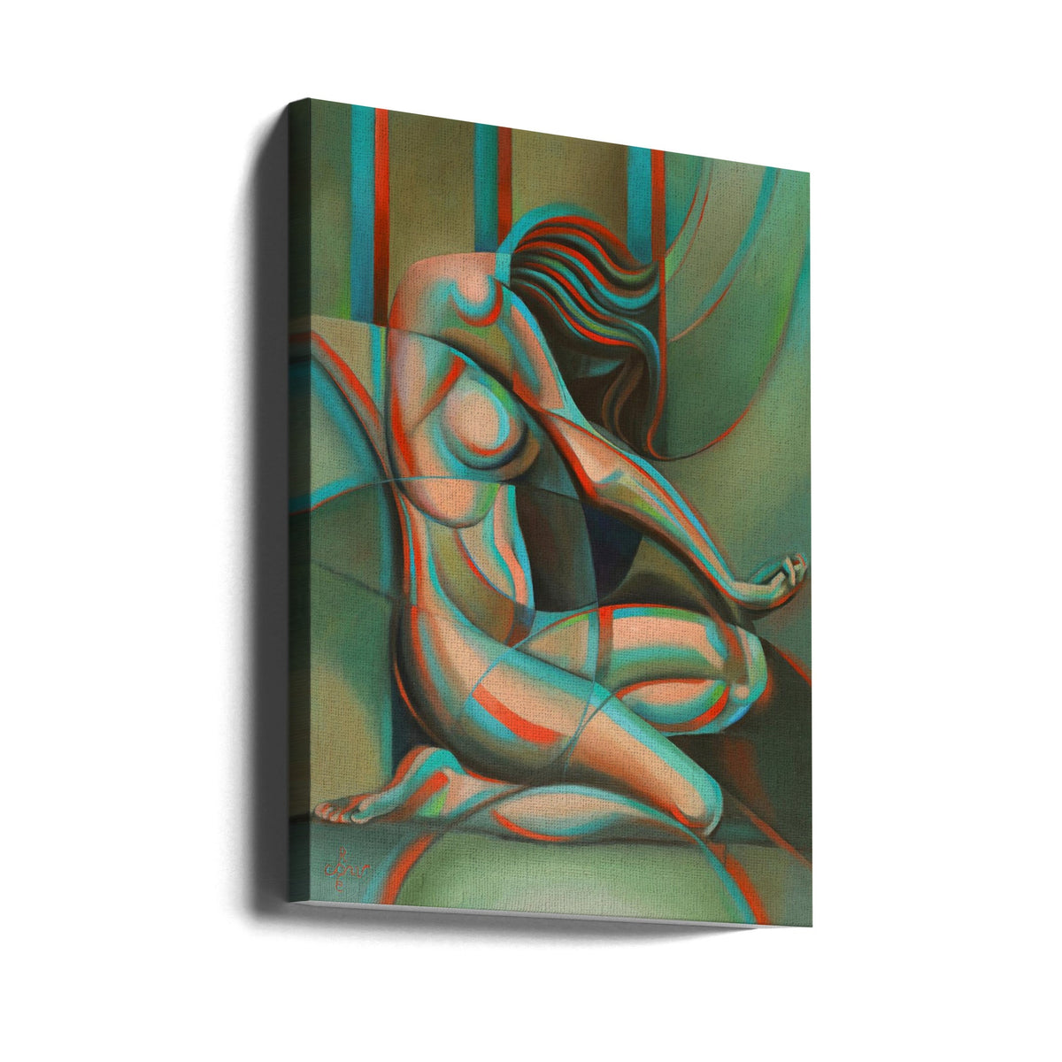 Anaglyphical Roundism Canvas Wall Art | 3D Anaglyph Effect Cubist Nude in Teal & Red | 3 Sizes & Available Finishes