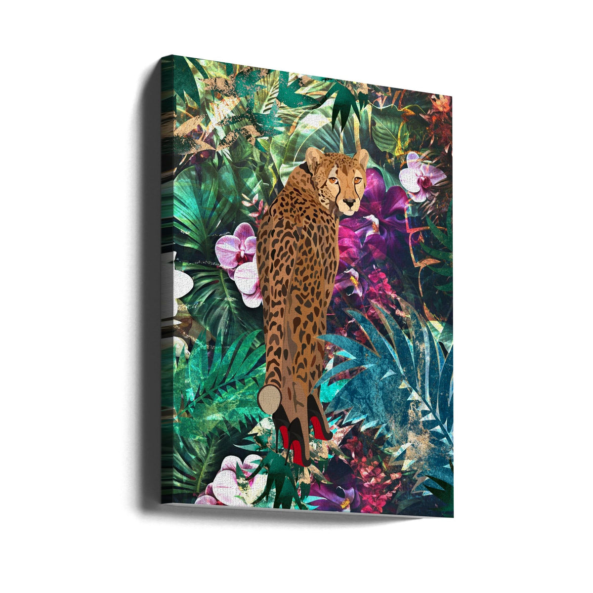 Cheetah in Red Heels Tropical Collage Canvas Wall Art | Tropical Floral Jungle - Cheetah in heels