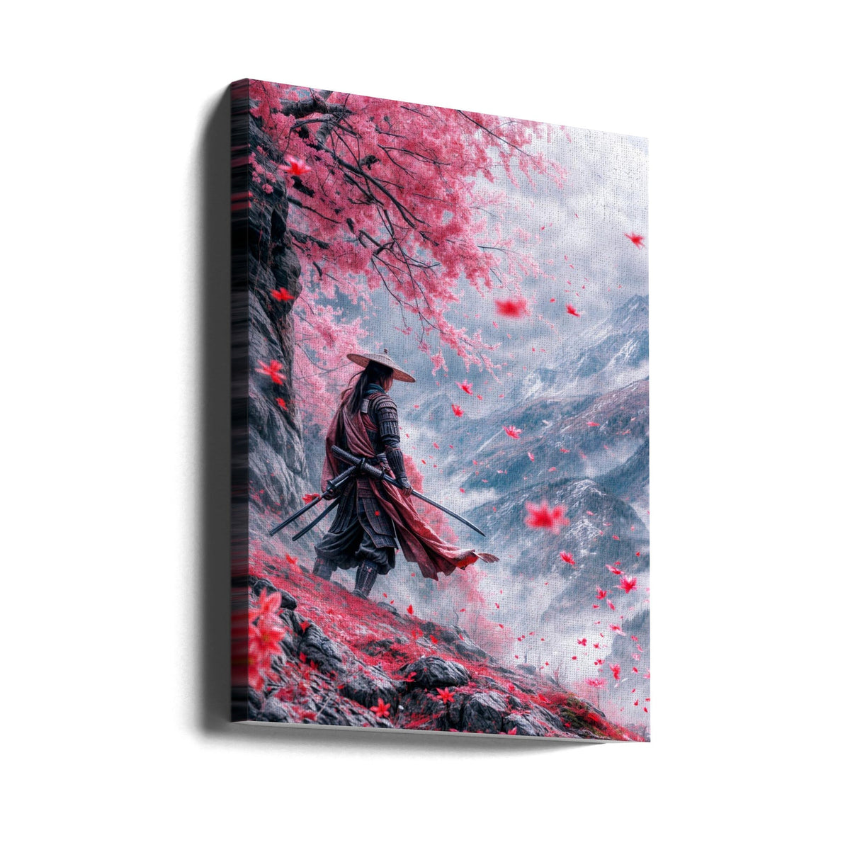 Samurai beneath Pink Blossom Trees Canvas Wall Art