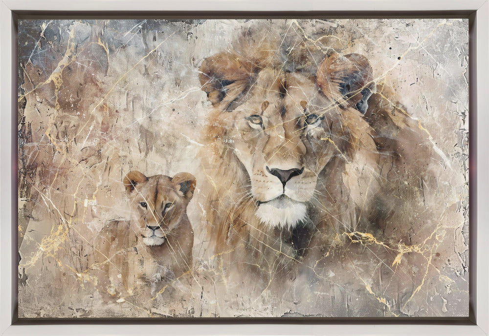 Lion and Cub in Soft Neutral Texture Canvas Wall Art | Lion Animal Vintage Art Illustration Wallart 08