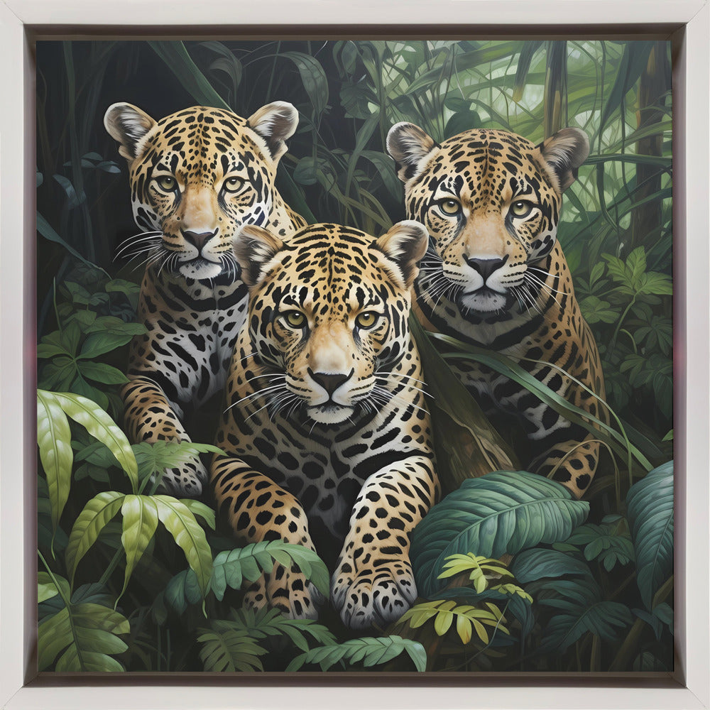Three Jaguars amid Dense Jungle Leaves Canvas Wall Art