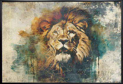 Vintage Lion Portrait with Teal and Gold Texture Canvas Wall Art | Lion Animal Vintage Art Illustration Wallart 06