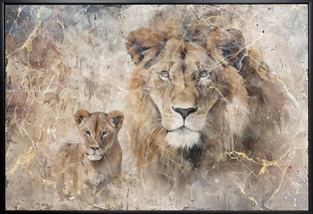 Lion and Cub in Soft Neutral Texture Canvas Wall Art | Lion Animal Vintage Art Illustration Wallart 08