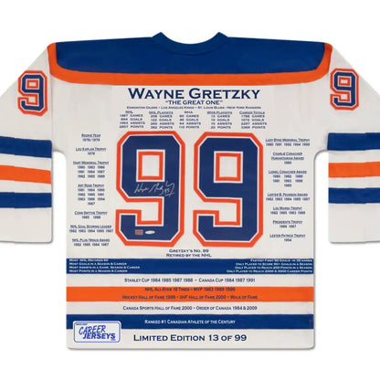 MAILLOT DE CARRIÈRE BLANC DE WAYNE GRETZKY (TAILLE L OU XL) – AUTOGRAPHÉ – AUTHENTIFIÉ PAR UPPER DECK – ÉDITION LIMITÉE À /99 – OBJET DE COLLECTION DE LA LÉGENDE DU HOCKEY DES EDMONTON OILERS