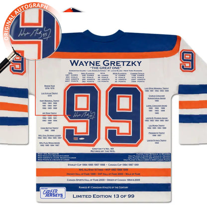 MAILLOT DE CARRIÈRE BLANC DE WAYNE GRETZKY (TAILLE L OU XL) – AUTOGRAPHÉ – AUTHENTIFIÉ PAR UPPER DECK – ÉDITION LIMITÉE À /99 – OBJET DE COLLECTION DE LA LÉGENDE DU HOCKEY DES EDMONTON OILERS