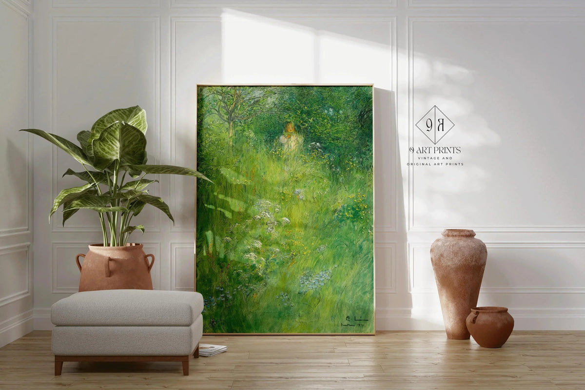 Carl Larsson Print: Kersti in the Meadow, Green Fairytale Art