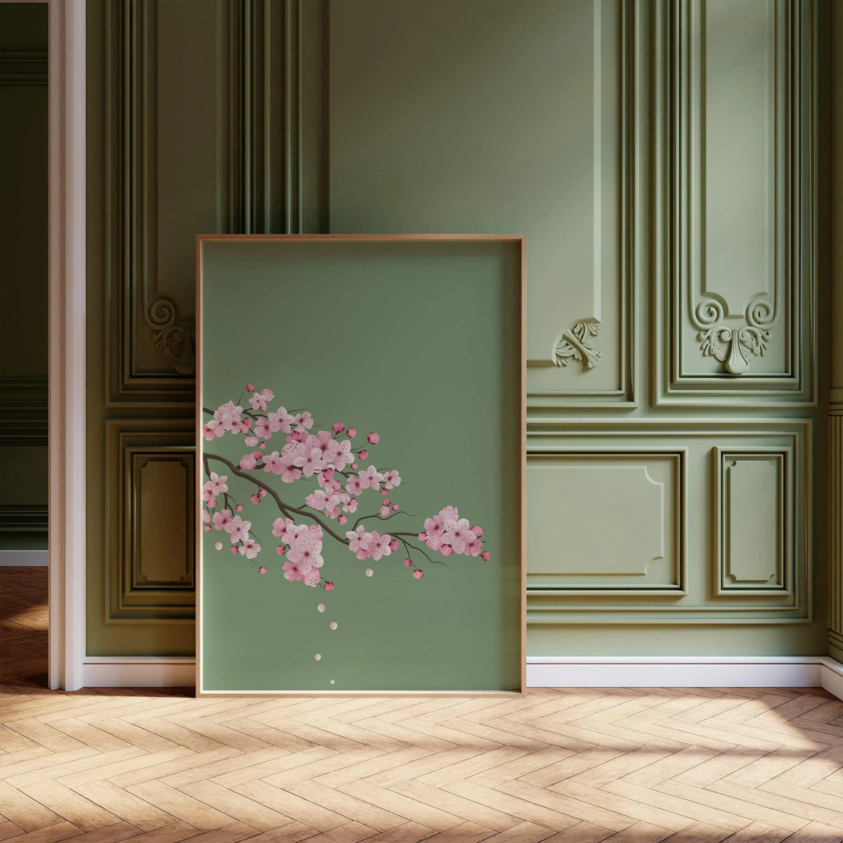 Fleurs de cerisier sur fond vert émeraude (disponible encadré prêt à être accroché ou non encadré)