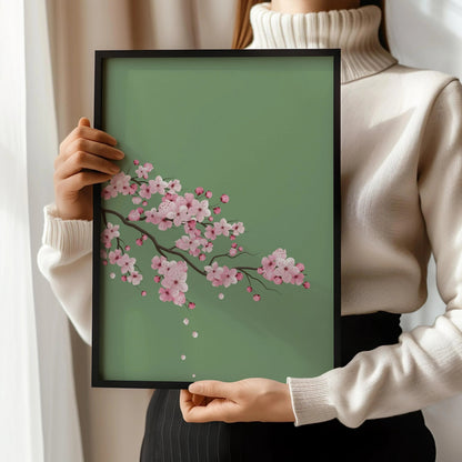 Fleurs de cerisier sur fond vert émeraude (disponible encadré prêt à être accroché ou non encadré)