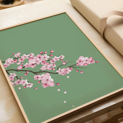 Fleurs de cerisier sur fond vert émeraude (disponible encadré prêt à être accroché ou non encadré)