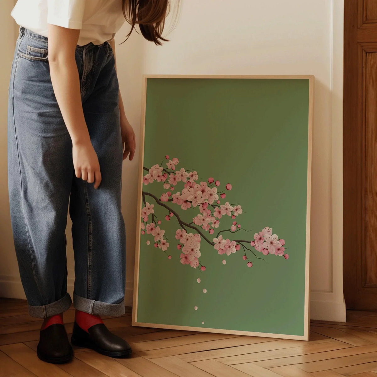 Fleurs de cerisier sur fond vert émeraude (disponible encadré prêt à être accroché ou non encadré)