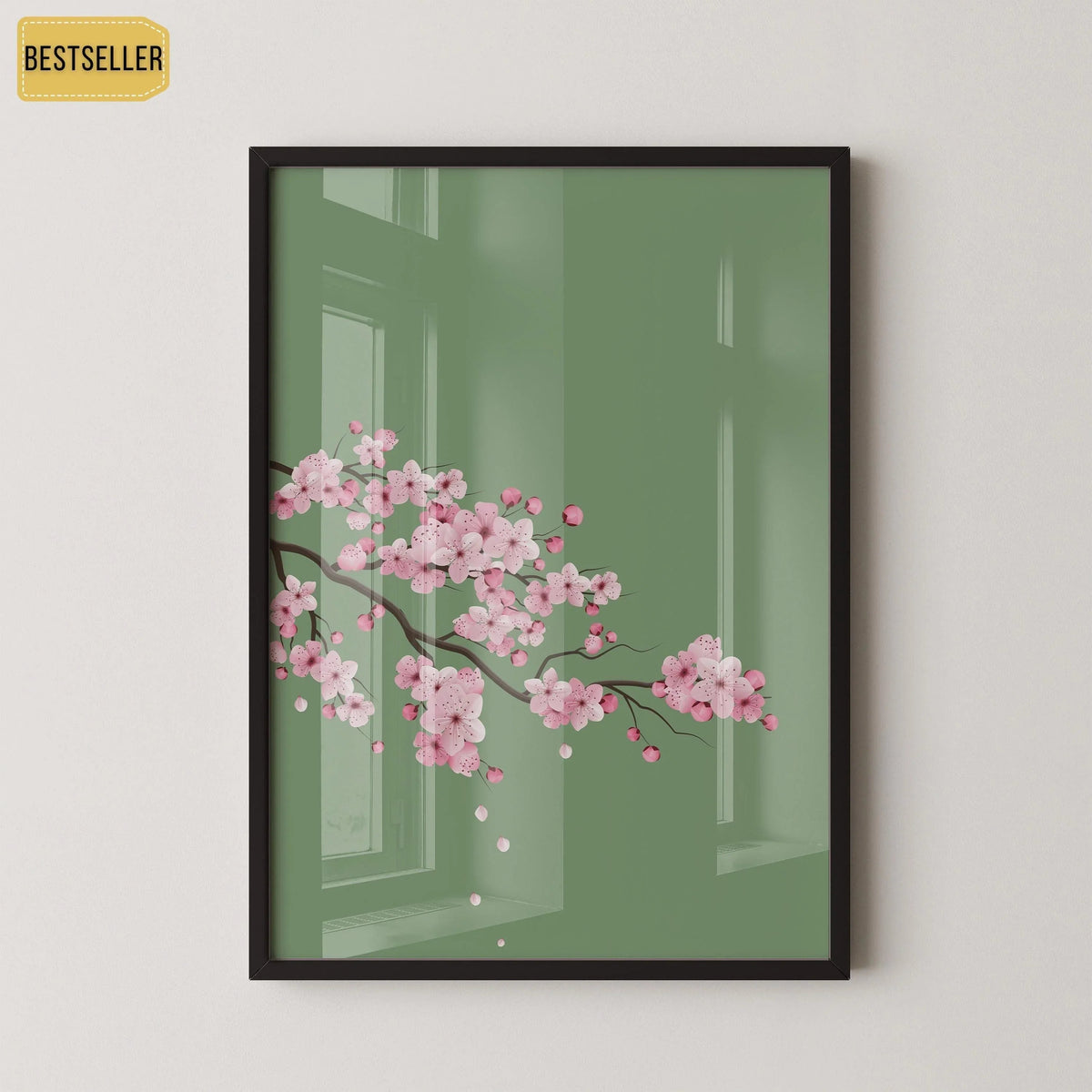 Fleurs de cerisier sur fond vert émeraude (disponible encadré prêt à être accroché ou non encadré)