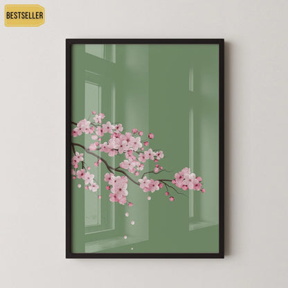 Fleurs de cerisier sur fond vert émeraude (disponible encadré prêt à être accroché ou non encadré)