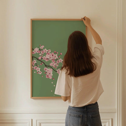 Fleurs de cerisier sur fond vert émeraude (disponible encadré prêt à être accroché ou non encadré)