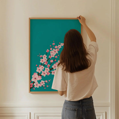Fleurs de cerisier sur fond aigue-marine sarcelle (disponible encadré prêt à accrocher ou non encadré)
