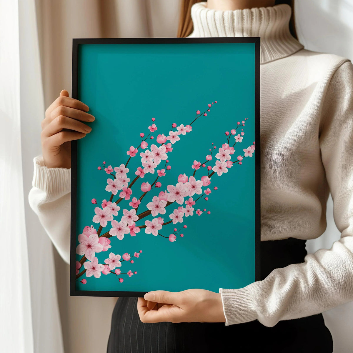 Fleurs de cerisier sur fond aigue-marine sarcelle (disponible encadré prêt à accrocher ou non encadré)