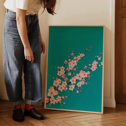 Fleurs de cerisier sur fond aigue-marine sarcelle (disponible encadré prêt à accrocher ou non encadré)