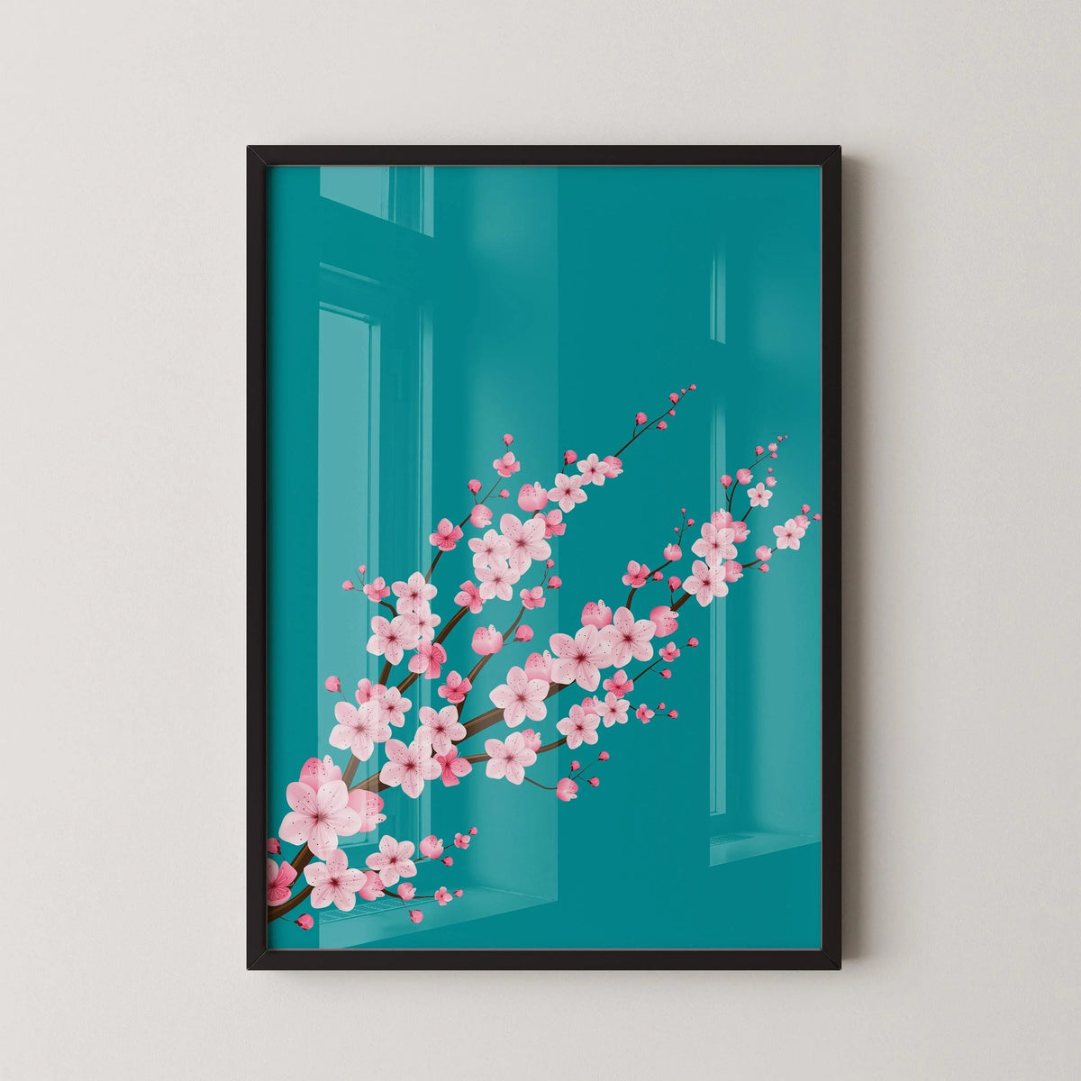 Fleurs de cerisier sur fond aigue-marine sarcelle (disponible encadré prêt à accrocher ou non encadré)
