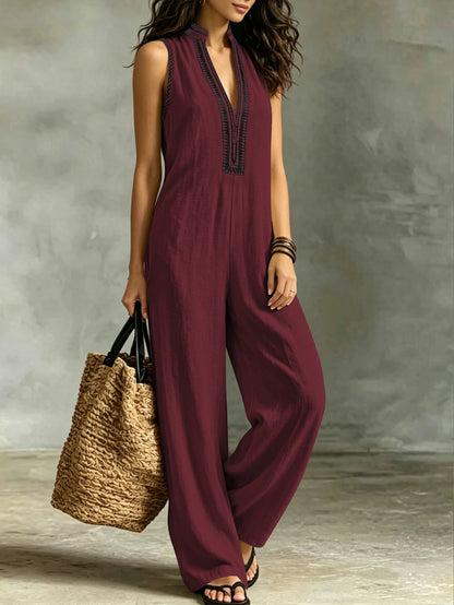 Women’s Sleeveless Stand Collar Jumpsuit – V-Neck Lace Trim Wide-Leg Pants with Pockets
