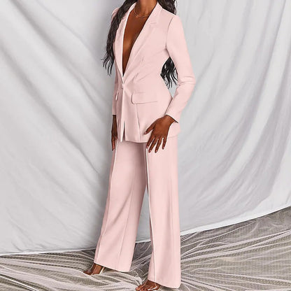 Women's Business Suit Set – Lapel Button-Down Blazer and Straight Leg Trousers