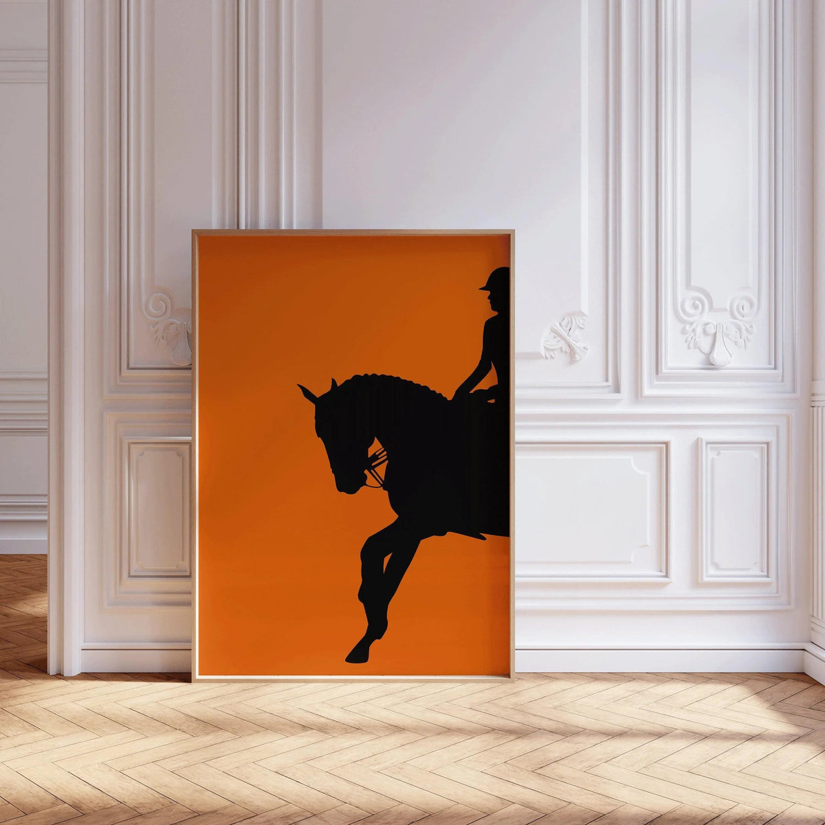 Dressage Horse and Rider Poster in Orange | Equestrian Art (available handframed or unframed)