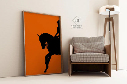 Dressage Horse and Rider Poster in Orange | Equestrian Art (available handframed or unframed)