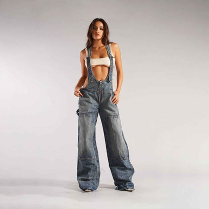 Women's Loose Fit Denim Jumpsuit – Y2K Wide Leg Suspender Overalls