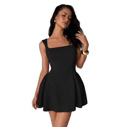 Women’s Spring Fashion Dress – Sleeveless Square Neck Mini Dress with Flared Skirt