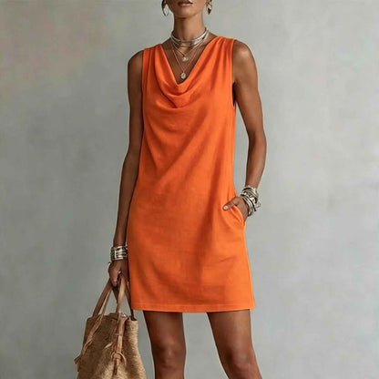 Women's Elegant Summer Dress – Draped Cowl Neck Slim Fit Midi Dress