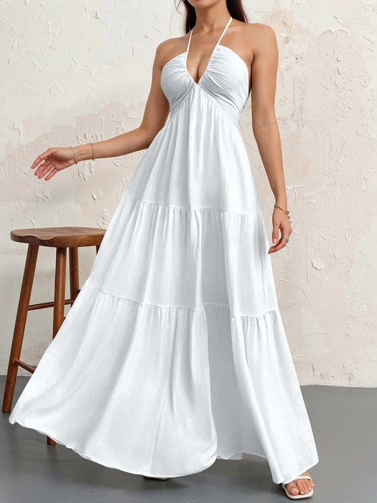 Backless Halterneck V-Neck Pleated A- Line Dress Women's Clothing One-Piece Dress Ankle-length Skirt For Beach Vacation Outfits