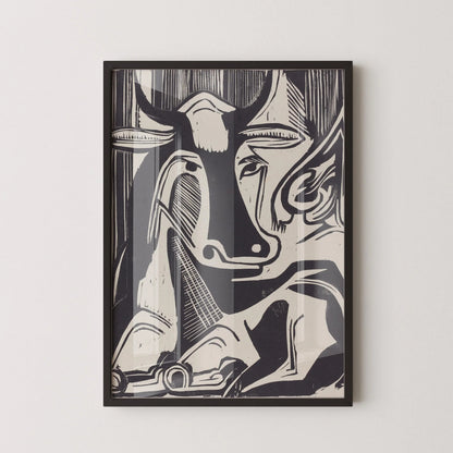 Gravure de vache d'Ernst Ludwig Kirchner : Art neutre noir et blanc