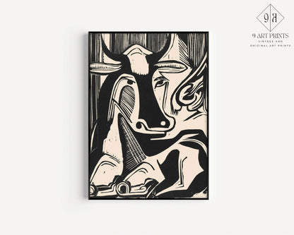 Gravure de vache d'Ernst Ludwig Kirchner : Art neutre noir et blanc