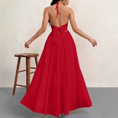 Backless Halterneck V-Neck Pleated A- Line Dress Women's Clothing One-Piece Dress Ankle-length Skirt For Beach Vacation Outfits