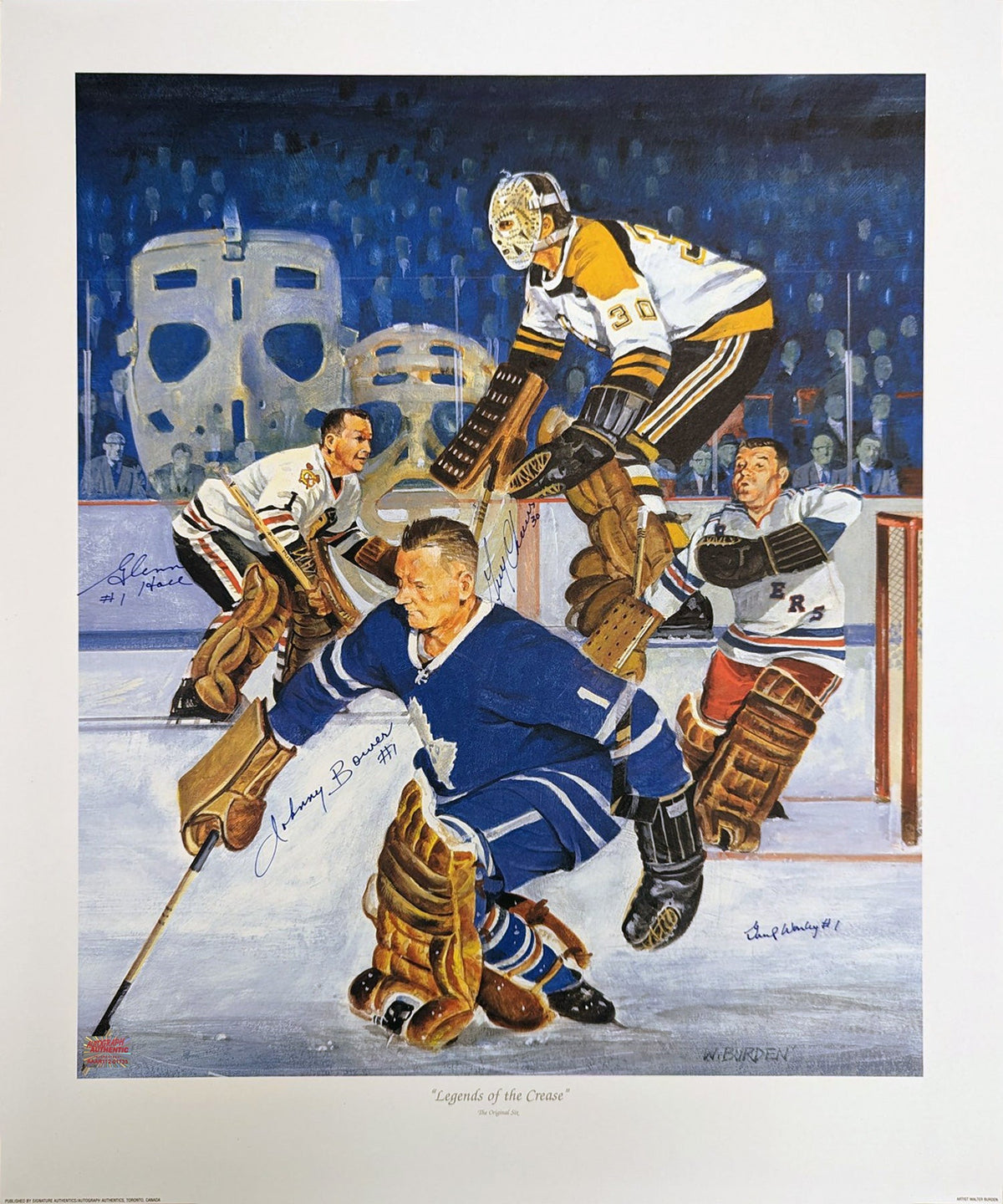LITHO ORIGINALE SIGNÉE DES SIX JOUEURS : BOWER, CHEEVERS, HALL, WORSELY (24 PO X 20 PO)