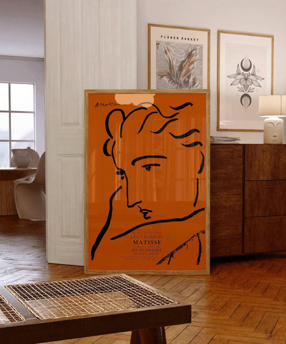 Henri Matisse - Profil de Femme | Célèbre esquisse d'art en orange et noir (disponible encadrée à la main ou sans cadre)