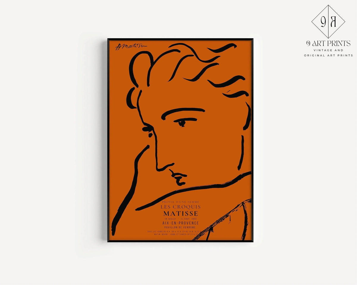 Henri Matisse - Profil de Femme | Célèbre esquisse d'art en orange et noir (disponible encadrée à la main ou sans cadre)