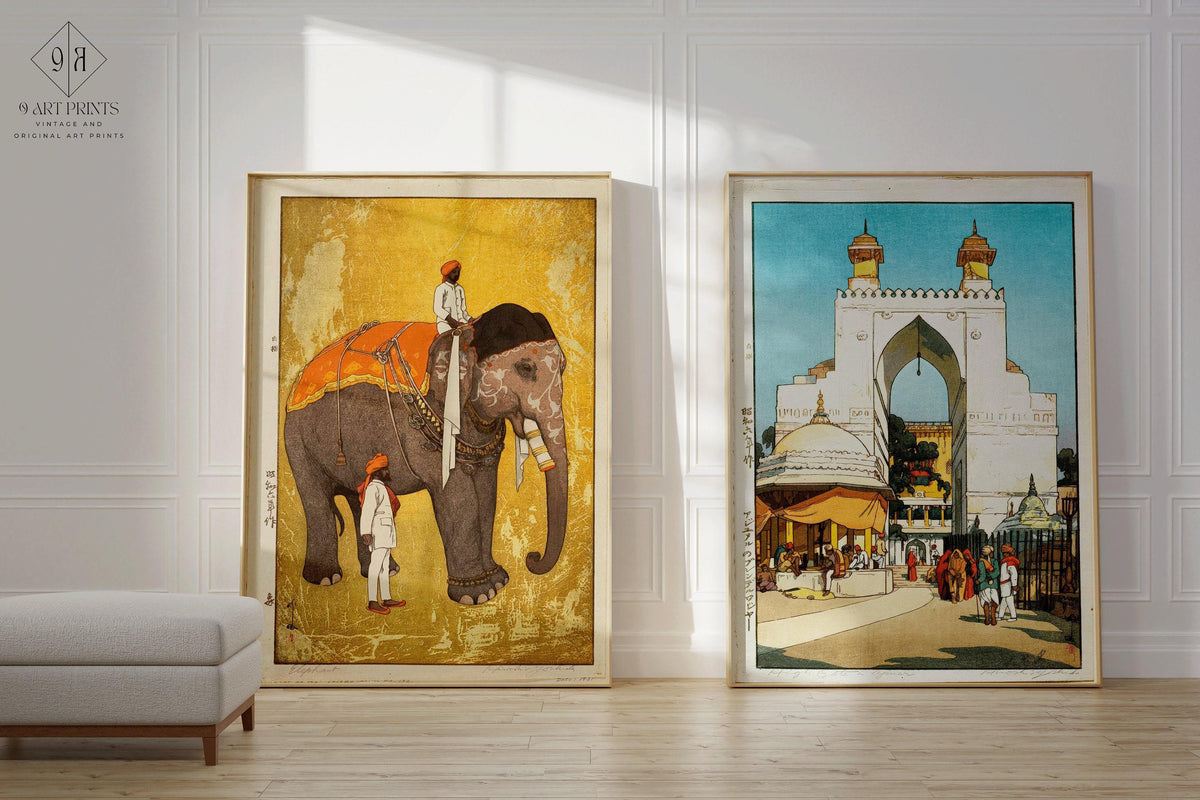 Deux estampes d'art de Hiroshi Yoshida sur l'Inde : Éléphant et Porte d'Ajmer
