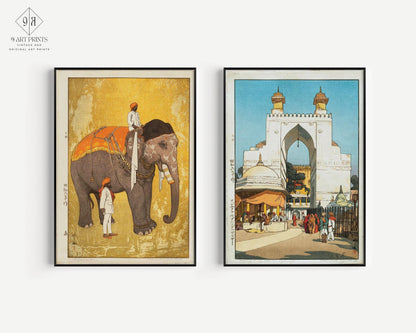 Deux estampes d'art de Hiroshi Yoshida sur l'Inde : Éléphant et Porte d'Ajmer