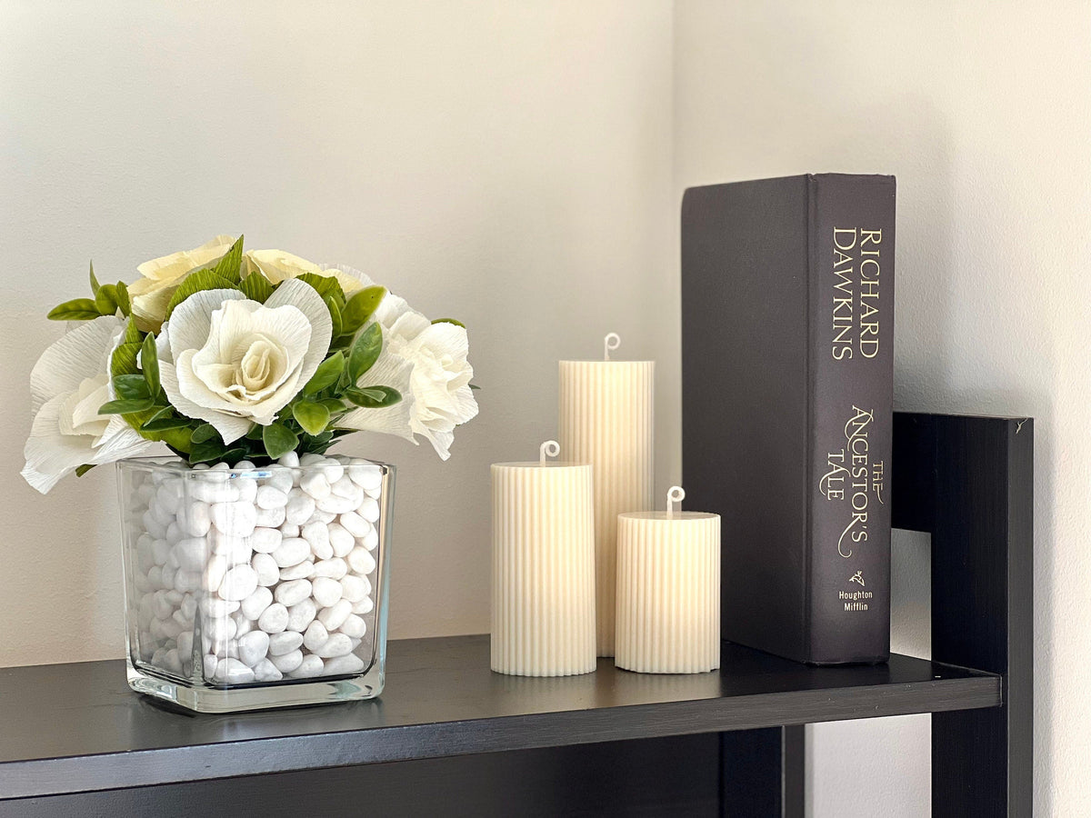Soy Wax Ribbed Pillar Candle Set | Unscented Decorative Candles