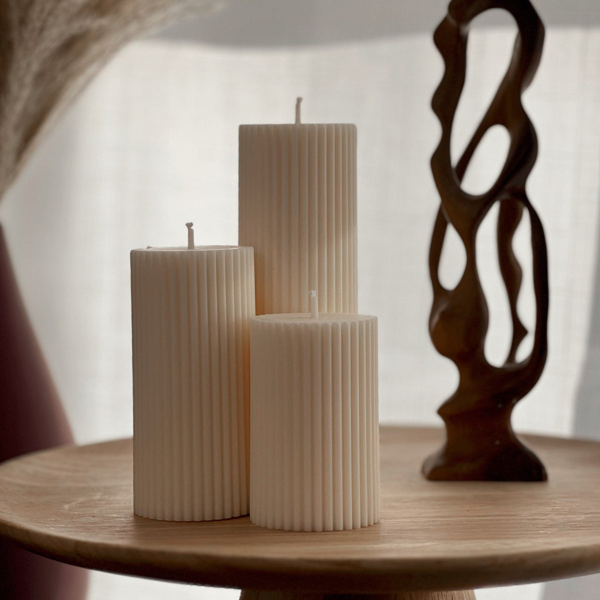 Soy Wax Ribbed Pillar Candle Set | Unscented Decorative Candles