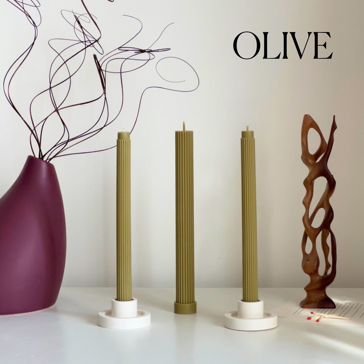 Ribbed Soy Wax Taper Candle: Handmade Unscented Pillar