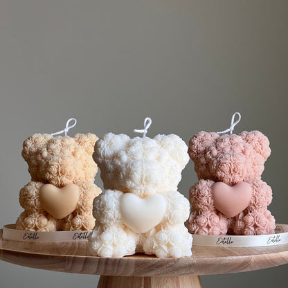 Teddy Bear Heart Candle: Sculptural Soy Wax Pillar