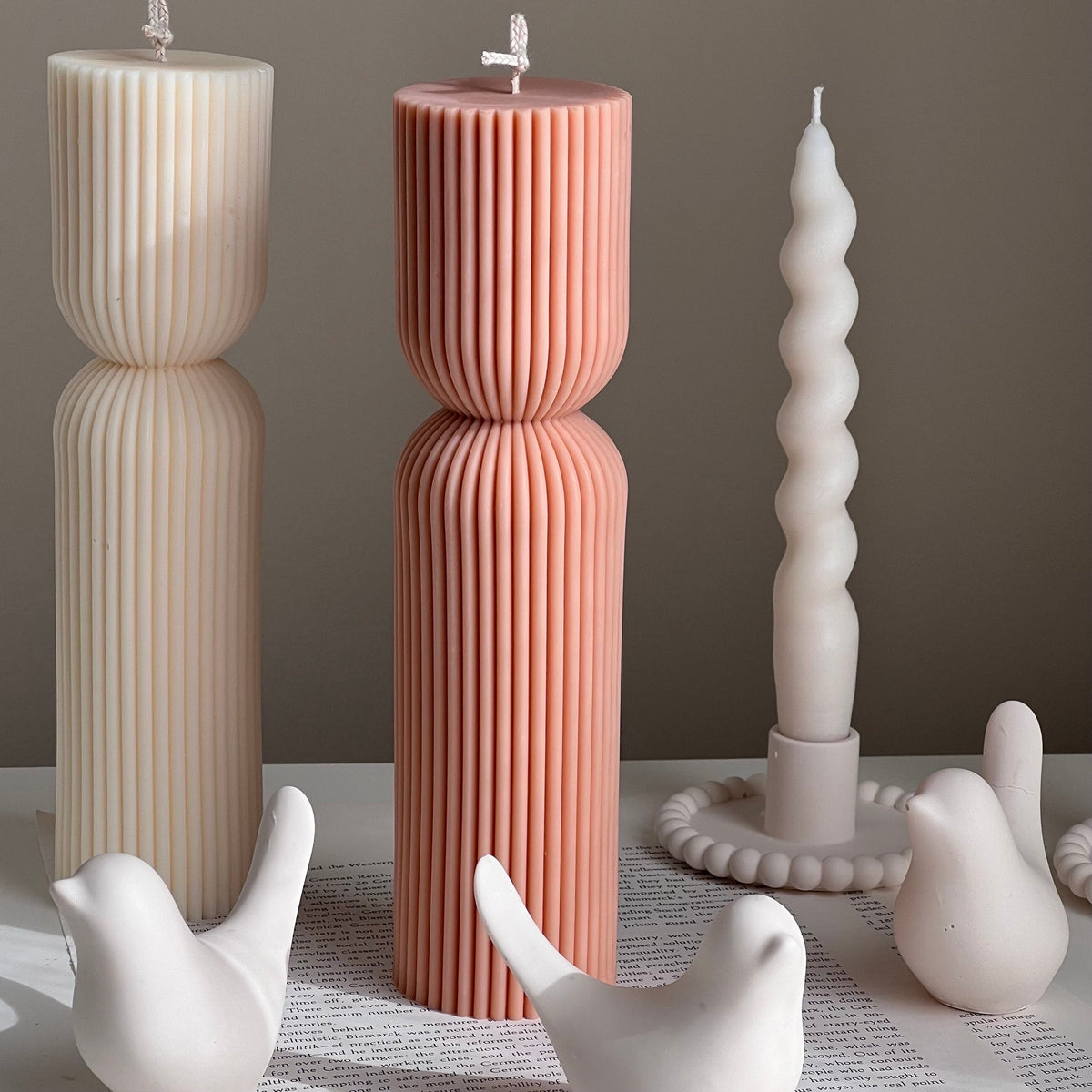 Ribbed Hourglass Pillar Candle: Sculptural Striped Soy Candle
