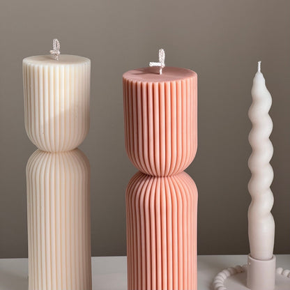 Ribbed Hourglass Pillar Candle: Sculptural Striped Soy Candle