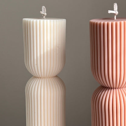 Ribbed Hourglass Pillar Candle: Sculptural Striped Soy Candle