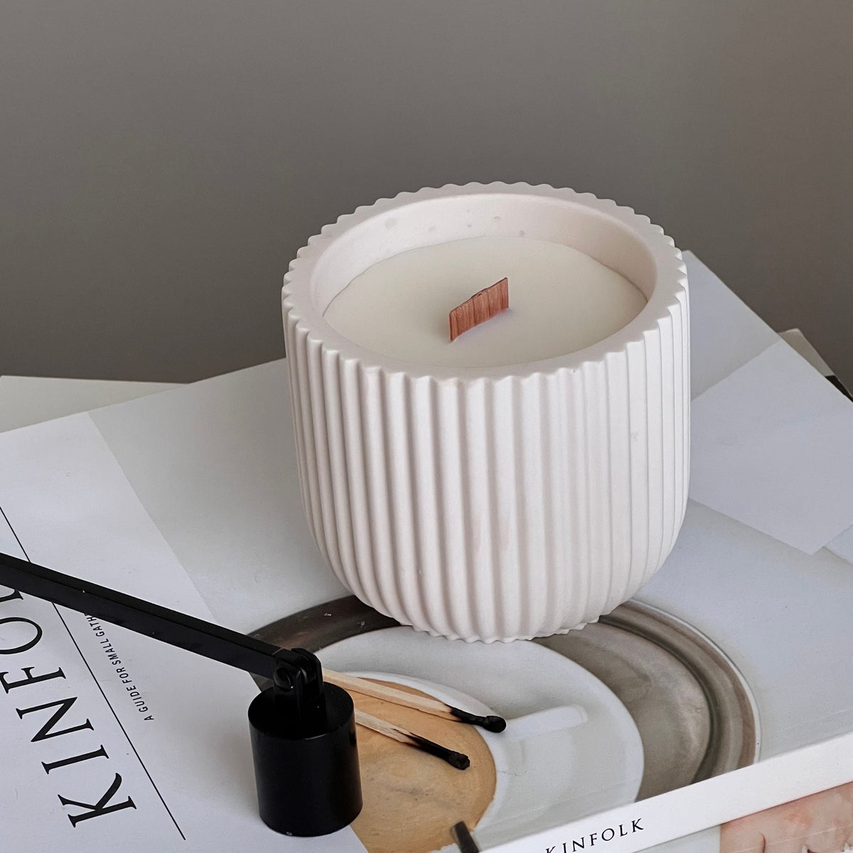 Handmade Ribbed Jar Soy Candle | Wood Wick, Jesmonite Vessel