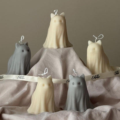 Bougie chat fantôme d'Halloween : cadeau animal en cire de soja faite à la main