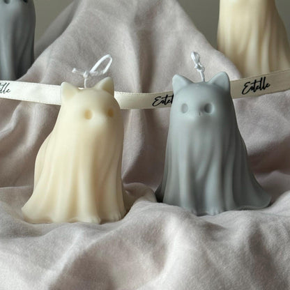 Bougie chat fantôme d'Halloween : cadeau animal en cire de soja faite à la main