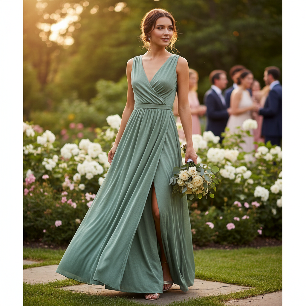 Woman wearing sage green multi-wrap dress at garden wedding