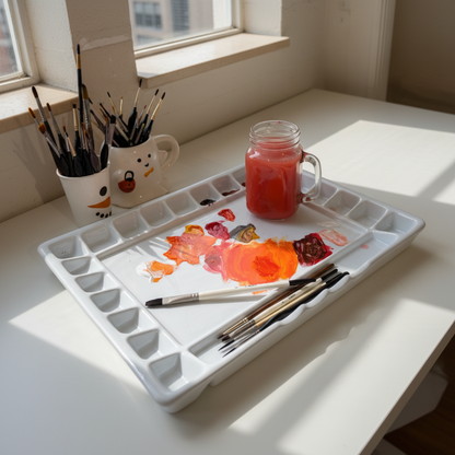 21 Wells Ceramic Color Tray Palette 12" x 15 3/4" - 1 Large Mixing Area and 4 Inclined Brush Holders