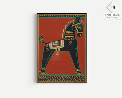 Jamini Roy - Cheval noir (Kalo Ghora) | Art bengali (disponible encadré à la main ou non encadré)